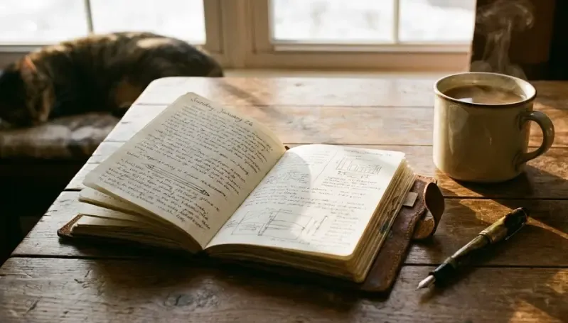 Agenda abierta sobre una mesa de madera con una taza de café humeante y un bolígrafo, luz suave de tarde de domingo