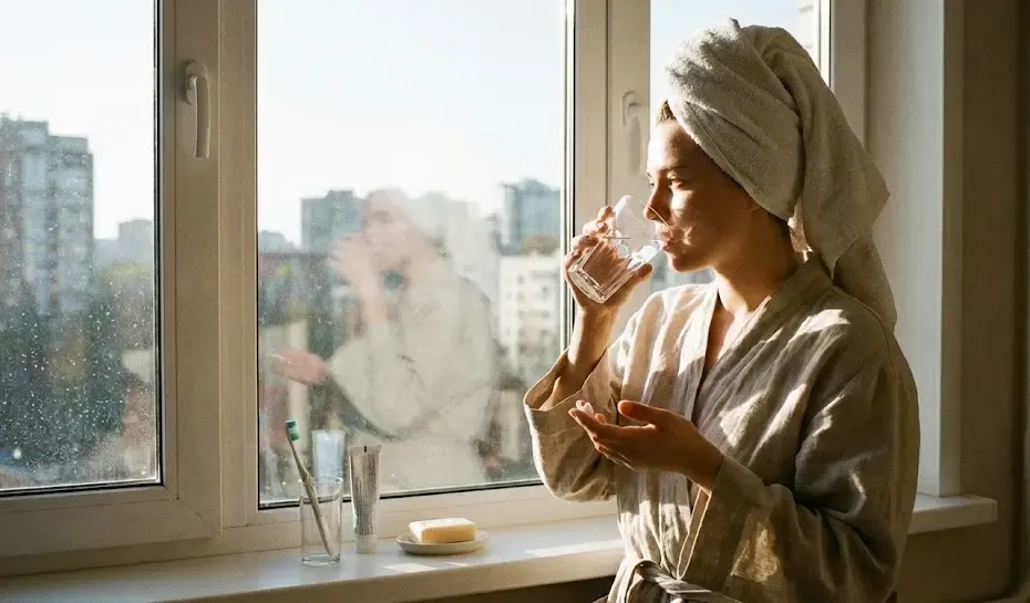 Persona bebiendo agua junto a una ventana soleada antes de empezar su día, aplicando la higiene matutina