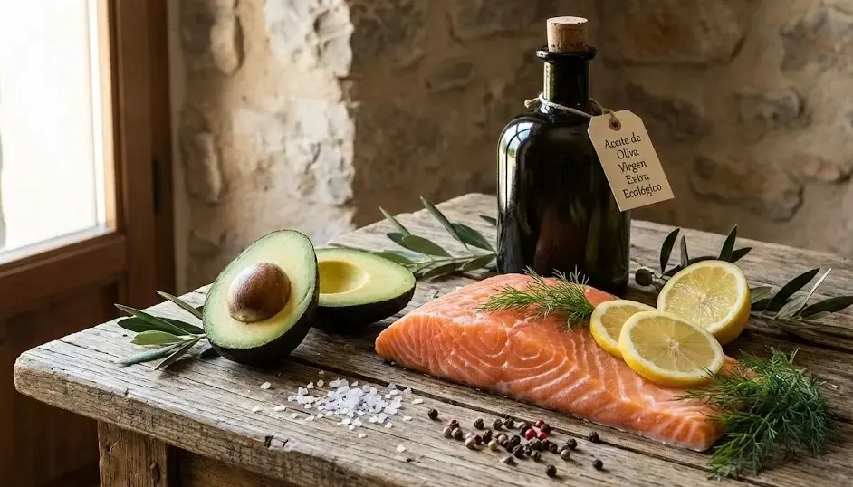 Bodegón saludable con medio aguacate, un trozo de salmón fresco y una botella de aceite de oliva virgen extra