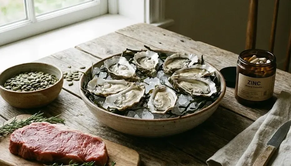 Bodegón de alimentos ricos en zinc: un bol con ostras frescas, semillas de calabaza, carne roja magra y un frasco de suplemento