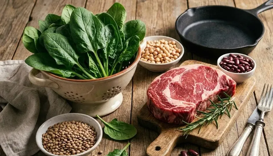 Bodegón de alimentos ricos en hierro: espinacas, carne roja y legumbres