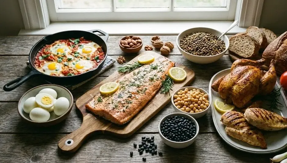 Mesa de madera con variedad de alimentos ricos en proteína: huevos, salmón, legumbres y pollo