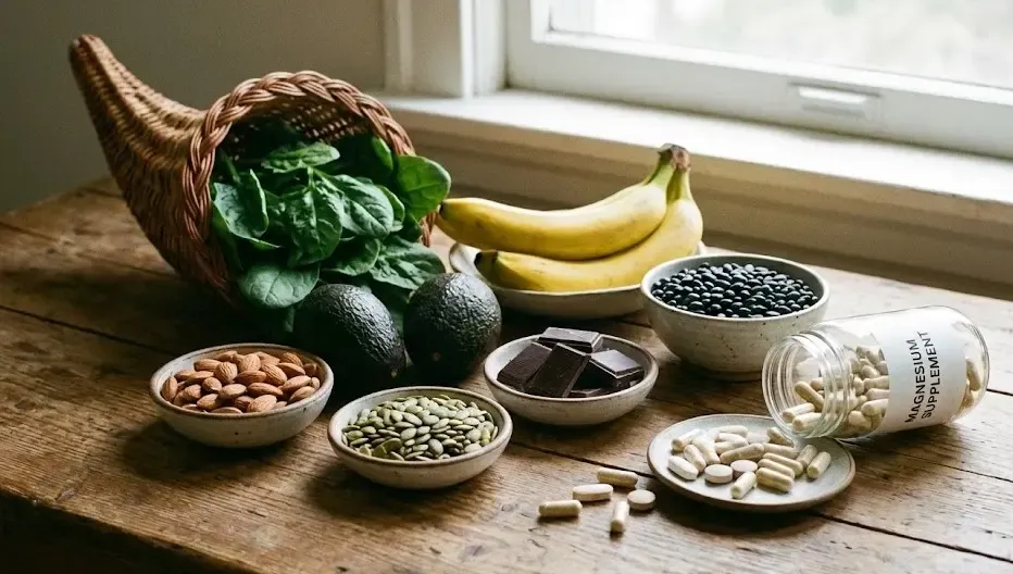 Bodegón con alimentos naturales ricos en magnesio comparados con cápsulas de suplemento