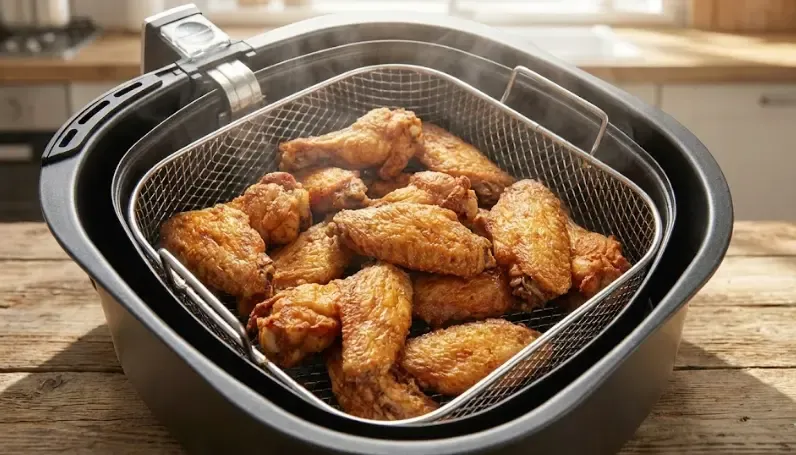 Cesta de freidora de aire abierta mostrando unas alitas de pollo doradas y crujientes sin aceite
