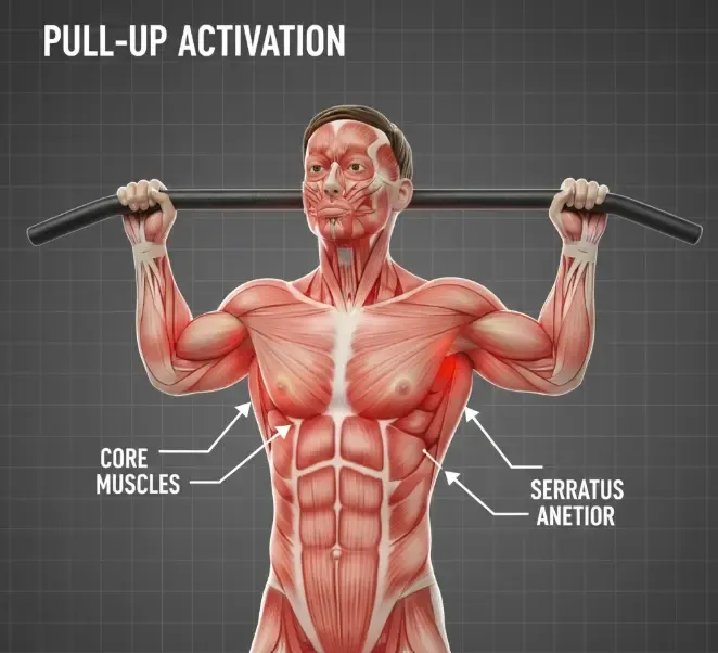 Infografía de anatomía muscular mostrando la activación del core y serratos en una dominada