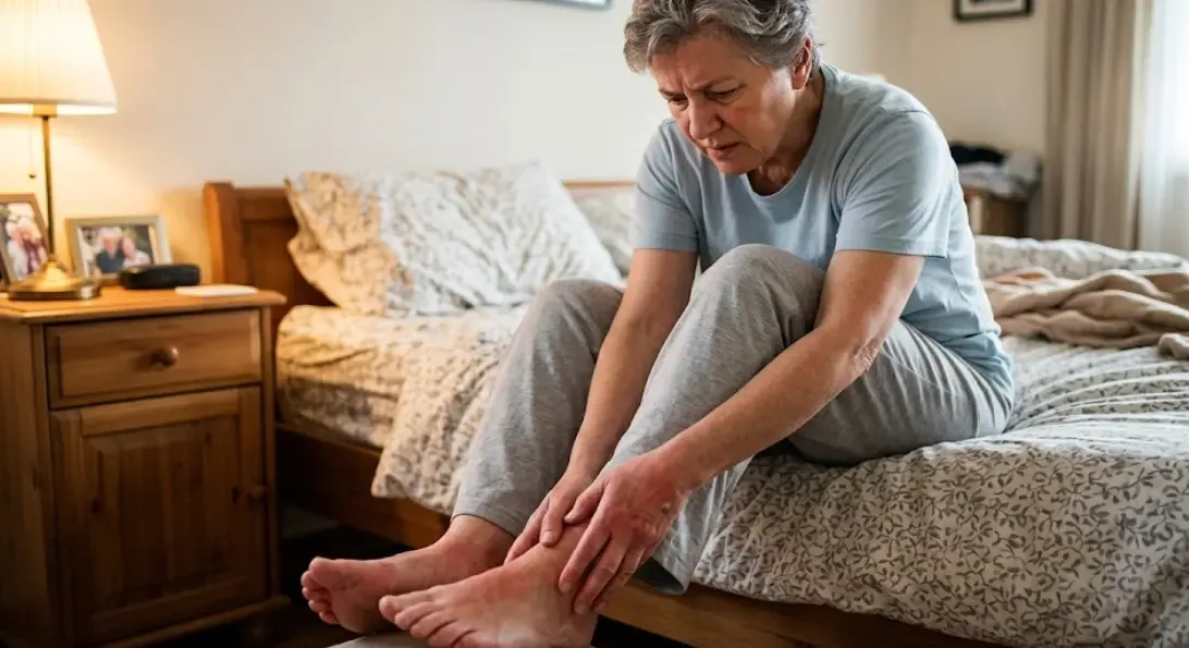 Persona con ardor en los pies sentada al borde de la cama