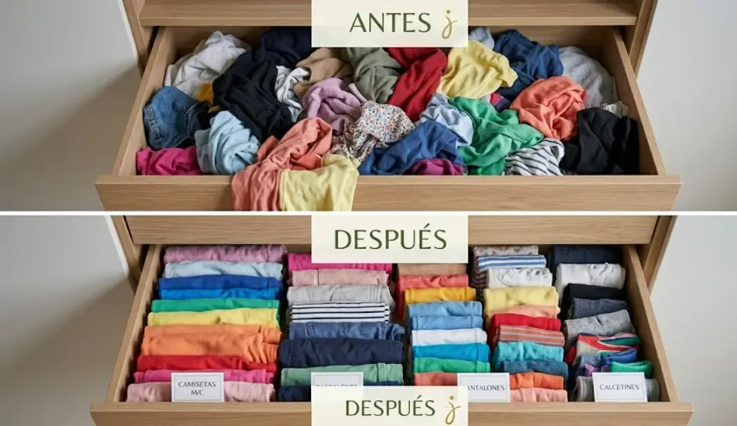 Antes y después de un cajón de ropa aplicando el doblado vertical KonMari