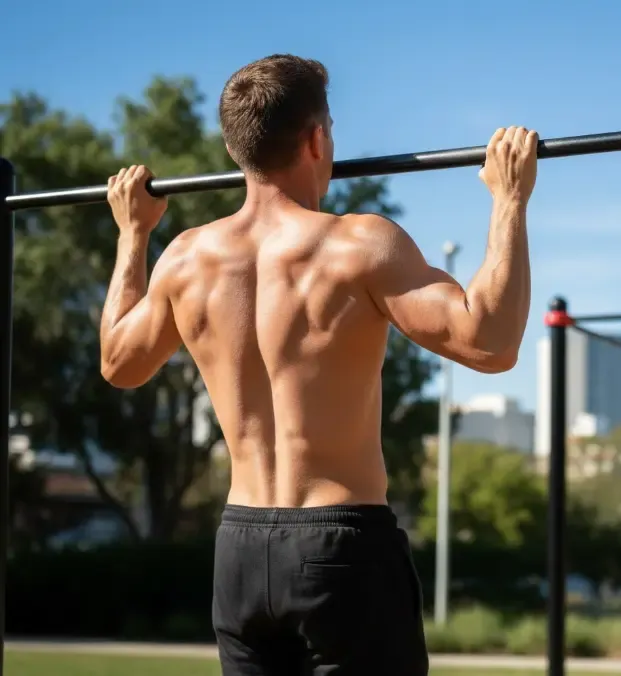 Atleta realizando una dominada estricta en el parque, mostrando definición muscular en espalda y hombros