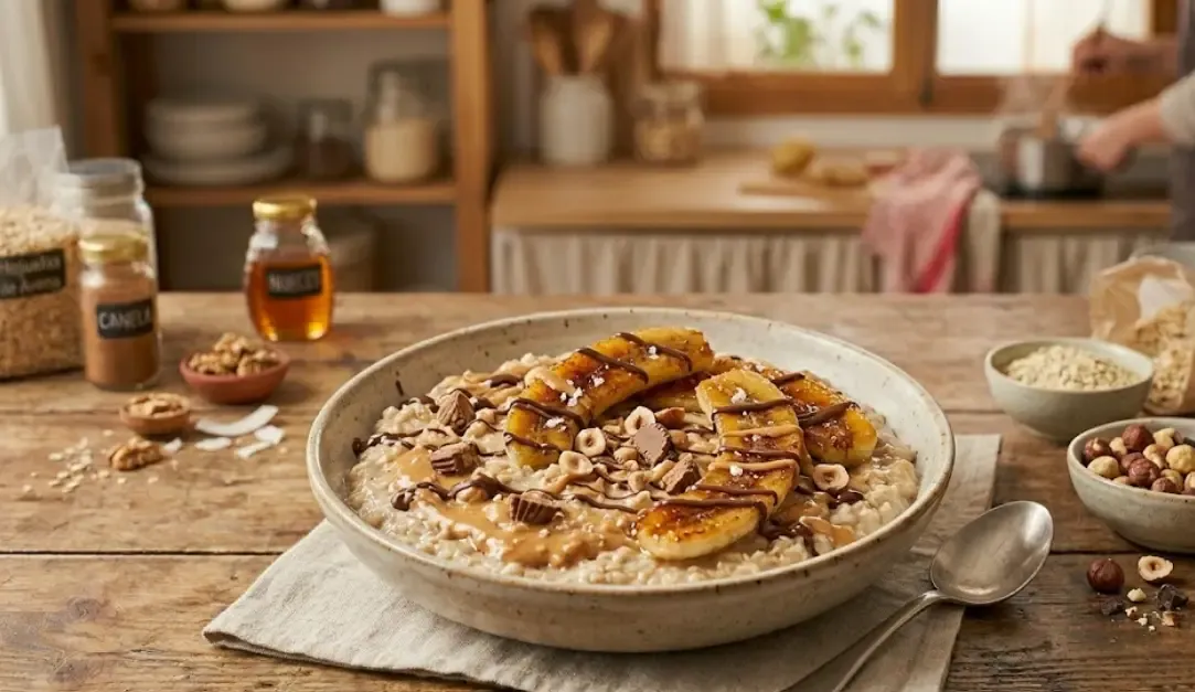 Bol de avena estilo postre con crema de cacahuete y plátano caramelizado