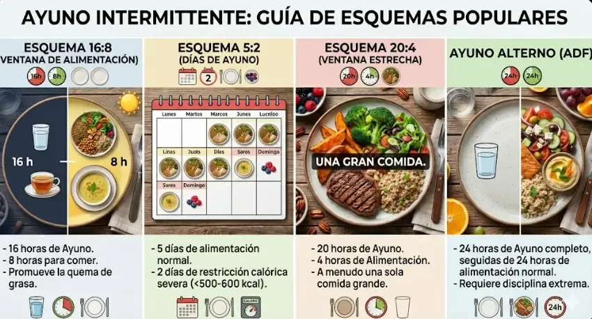 Ejemplo de ventana de ayuno intermitente 16:8: ayuno de 16 horas, comida en 8 horas