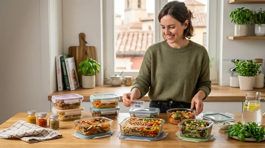 Persona organizando recipientes de cristal con comida saludable para la semana en una cocina limpia