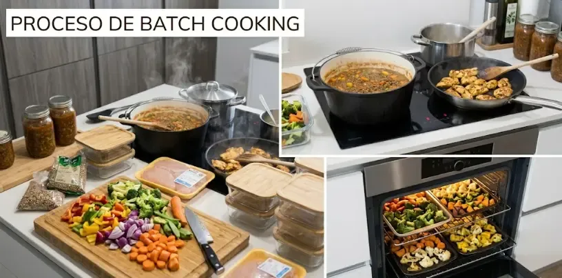 Proceso de batch cooking: horno con verduras, olla con legumbres, sartén con pollo
