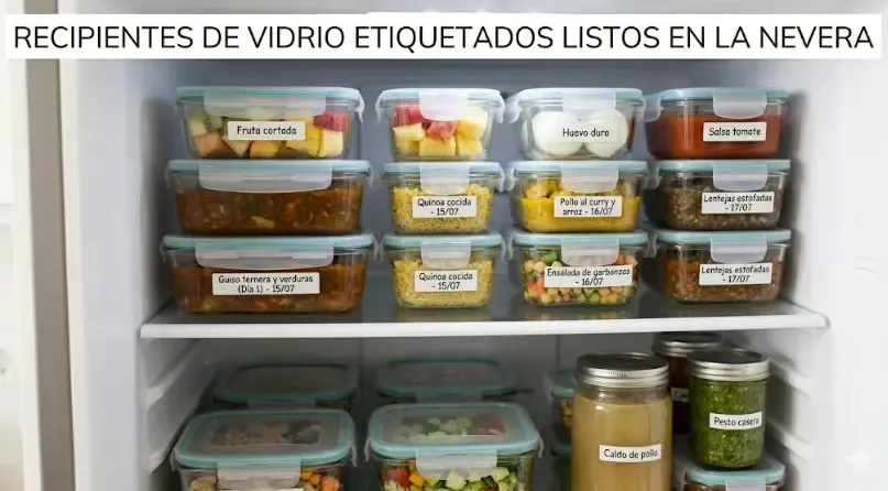 Recipientes de vidrio etiquetados listos en la nevera