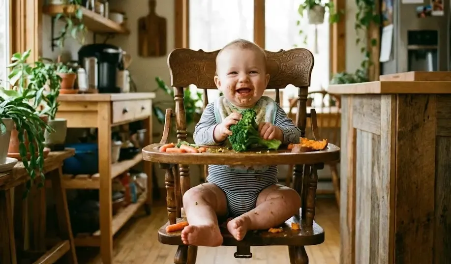 Bebé sentado en una trona sonriendo mientras agarra un trozo de brócoli cocido, concepto de BLW