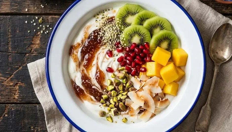 Primer plano de un bol de desayuno saludable con yogur, frutas frescas y semillas sobre una mesa de madera