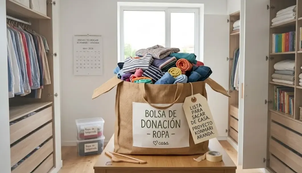 Bolsa de donación llena de ropa lista para sacar de casa tras ordenar