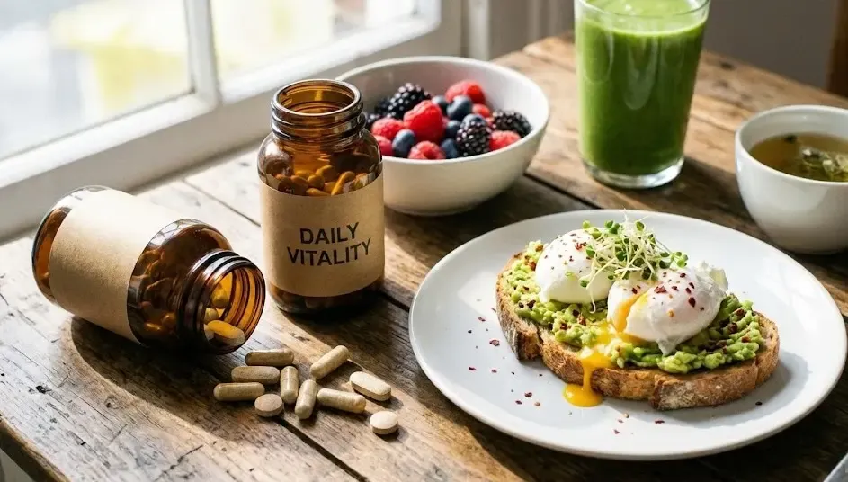 Bote de vitaminas abierto junto a un desayuno saludable con aguacate y huevos