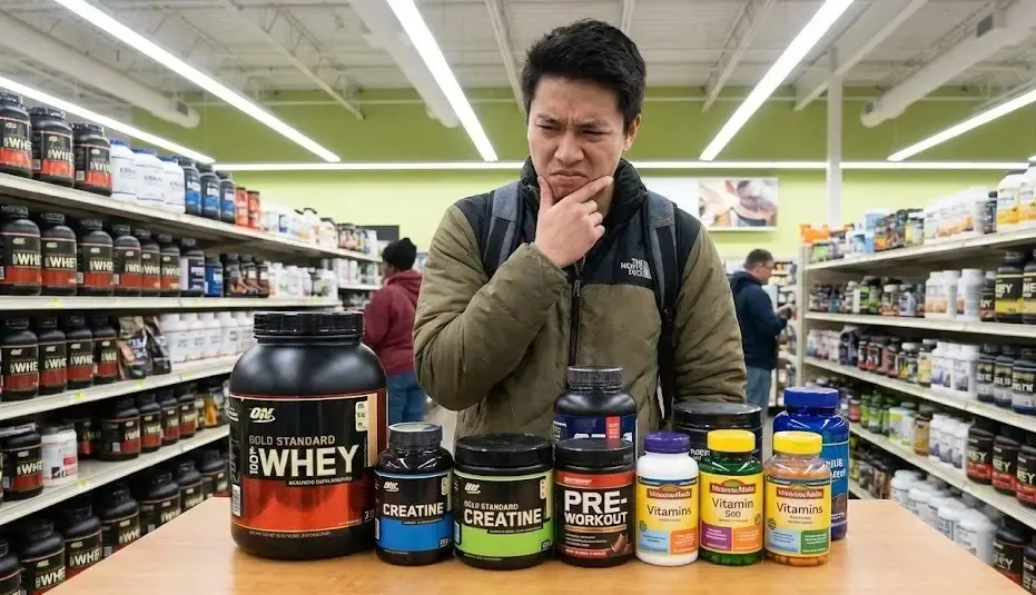 Persona mirando con duda varios botes de suplementos deportivos en una mesa