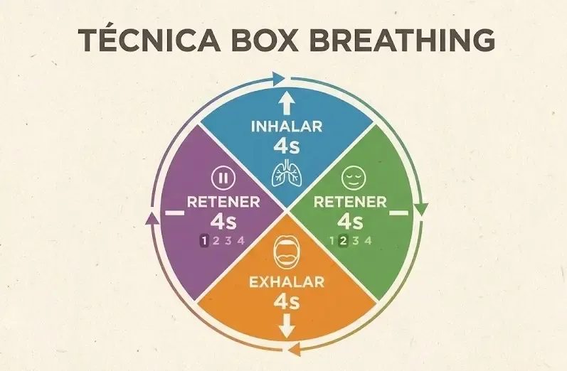 Infografía visual explicando la técnica Box Breathing: Inhalar 4s, Retener 4s, Exhalar 4s, Retener 4s