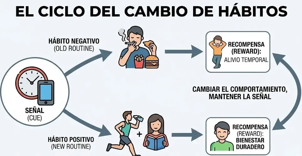 Diagrama visual mostrando el cambio de un hábito negativo por uno positivo manteniendo la misma señal