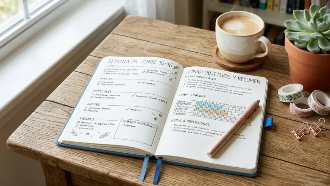 Un cuaderno tipo Bullet Journal abierto con notas organizadas, un bolígrafo elegante y una taza de café, transmitiendo calma y organización