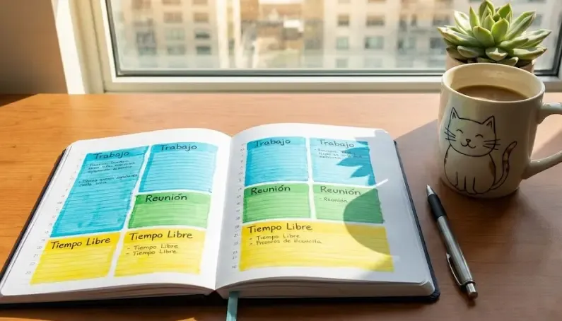 Agenda abierta sobre un escritorio con bloques de tiempo coloreados y una taza de café