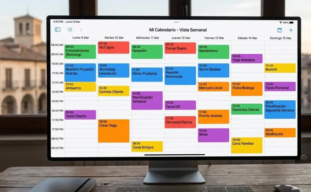Pantalla de ordenador mostrando la vista semanal de un calendario digital lleno de bloques de colores para diferentes tareas y entrenamientos