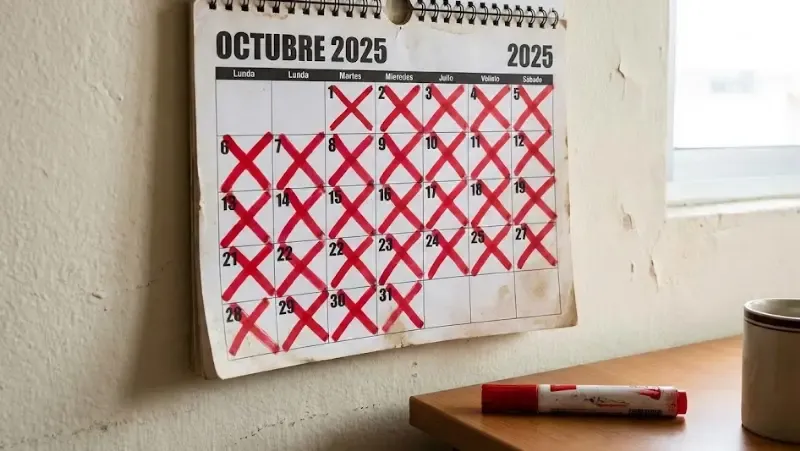 Calendario de pared con muchas cruces rojas marcando los días cumplidos, mostrando constancia