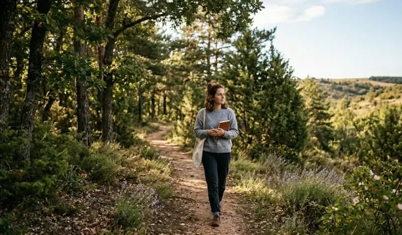 Persona caminando sola por un bosque en paz