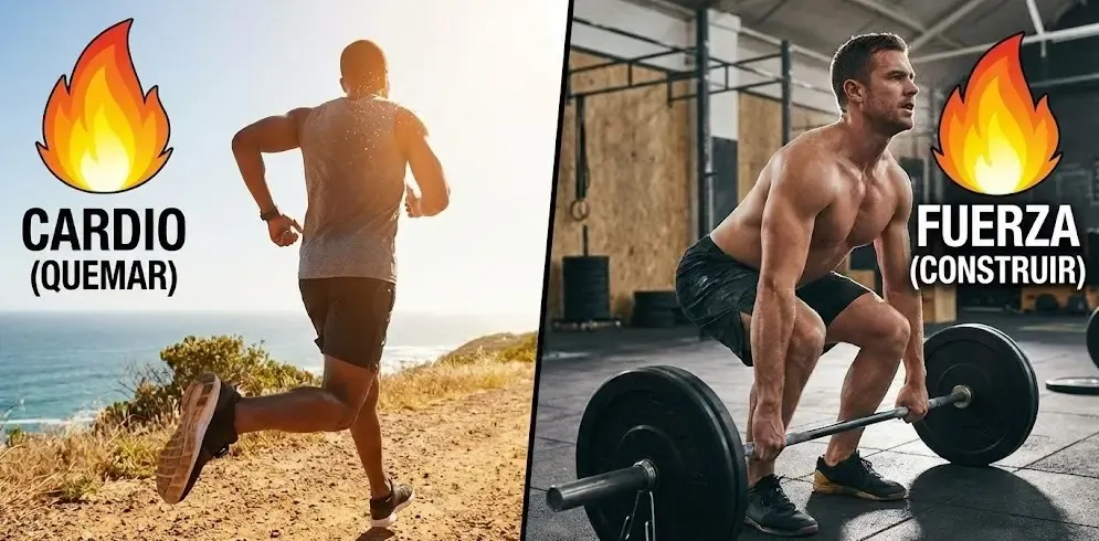 Comparativa visual: Persona corriendo (cardio) vs Persona haciendo pesas (fuerza) con iconos de fuego