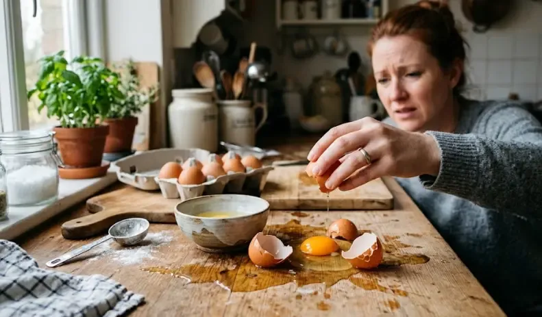 Persona rompiendo huevo crudo en la cocina