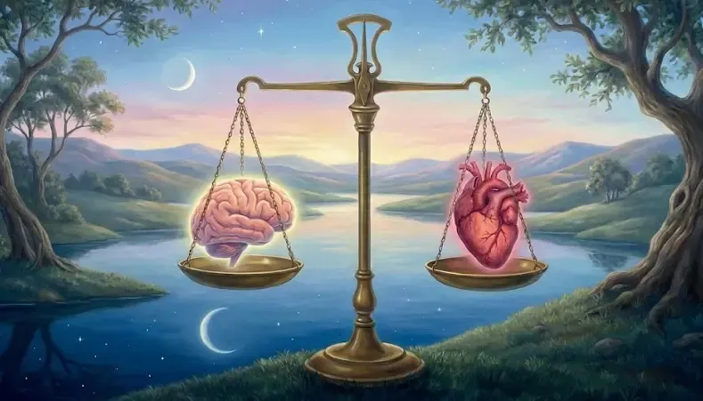 Ilustración conceptual de una balanza equilibrando un cerebro y un corazón sobre un fondo tranquilo