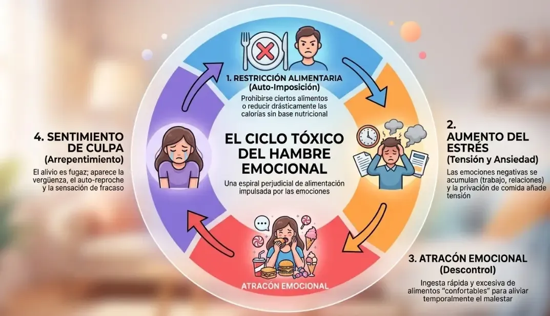 Diagrama visual circular mostrando el ciclo tóxico del hambre emocional: Restricción -> Estrés -> Atracón -> Culpa -> Restricción
