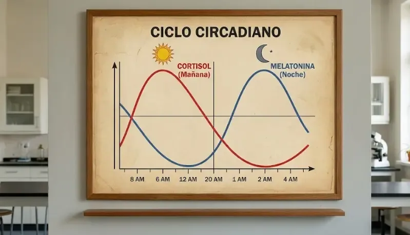 Gráfico del ciclo circadiano mostrando la curva de cortisol (mañana) y melatonina (noche)