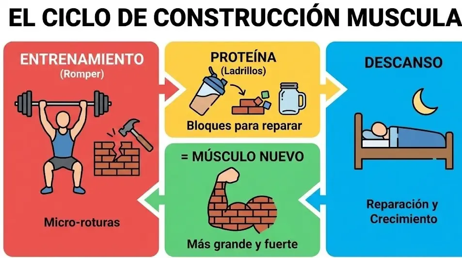 Infografía simple mostrando el ciclo: Entrenamiento (Romper) + Proteína (Ladrillos) + Descanso = Músculo Nuevo