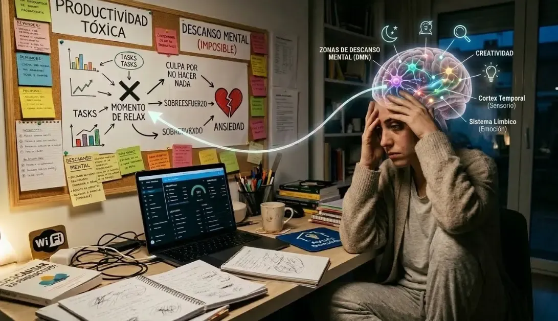 Cerebro humano ilustrado mostrando zonas de descanso y creatividad