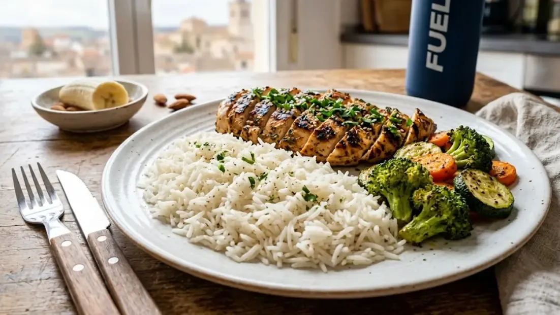 Plato de comida pre entreno con pollo y arroz