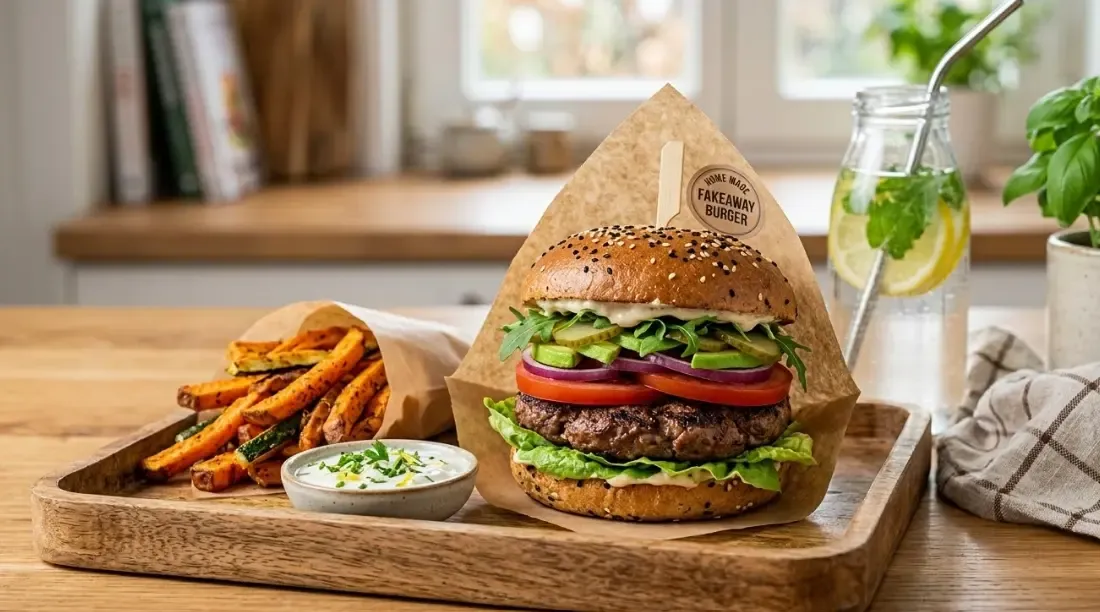 Imagen de una hamburguesa fitness con pan integral, aguacate y carne magra junto a unas patatas hechas en freidora de aire