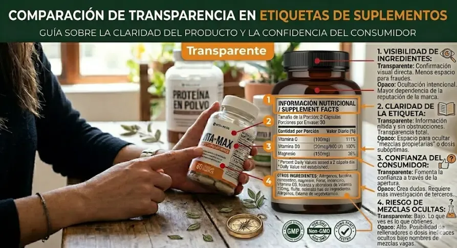 Comparación entre etiquetas de suplementos transparentes y opacos
