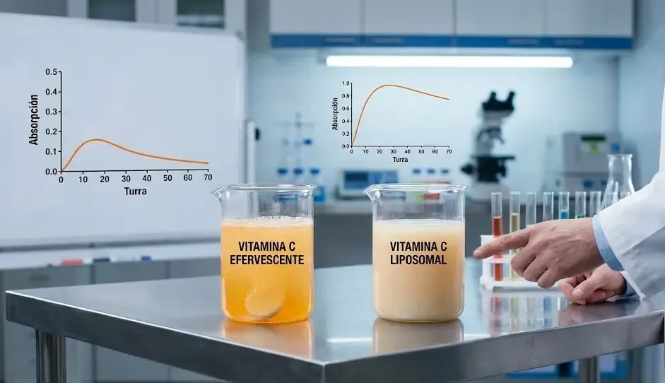 Comparativa visual de absorción entre pastilla efervescente normal y vitamina C liposomal
