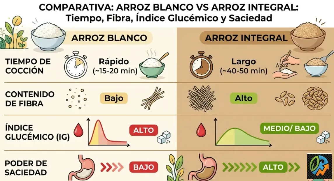 Comparativa arroz blanco vs arroz integral: tiempo, fibra, índice glucémico y saciedad