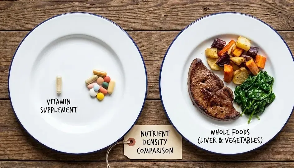 Tabla comparativa visual entre una cápsula de vitaminas y un plato de hígado y verduras