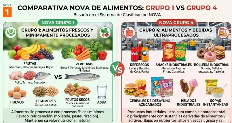 Comparativa visual entre alimentos NOVA 1 y NOVA 4 en el carro de la compra