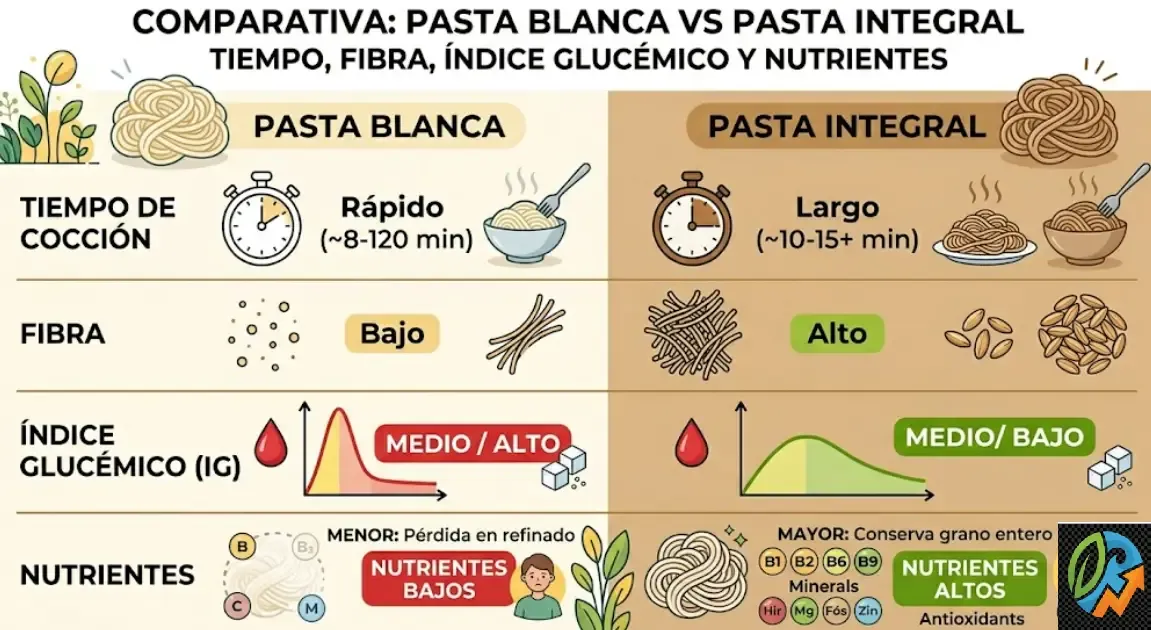 Comparativa pasta blanca vs pasta integral: tiempo, fibra, índice glucémico y nutrientes