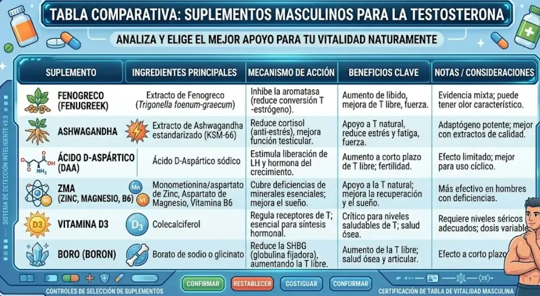 Tabla comparativa suplementos masculinos testosterona