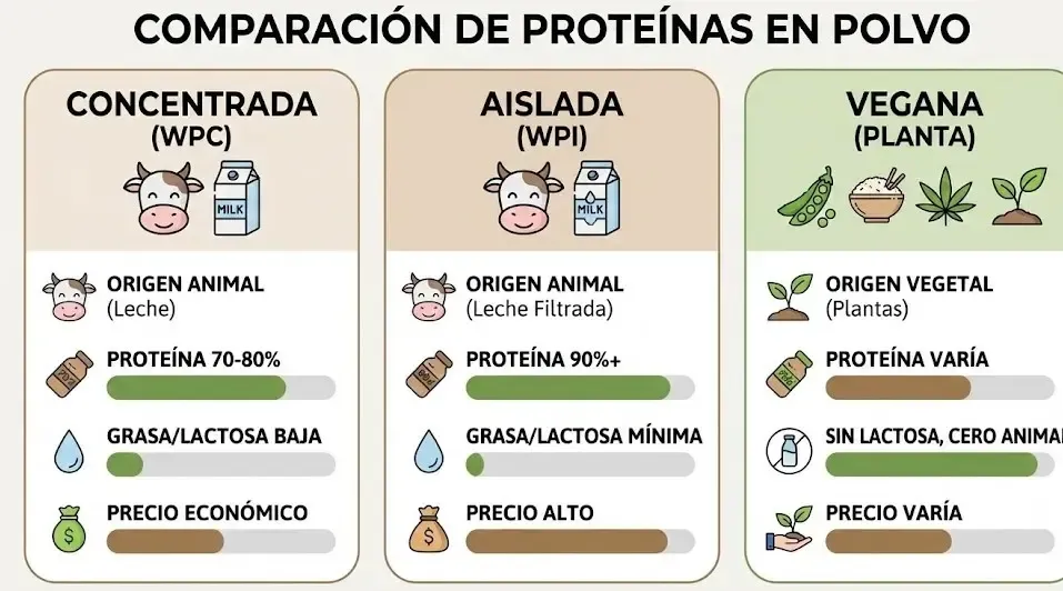 Infografía comparativa sencilla entre Concentrada, Aislada y Vegana con iconos de vaca y planta