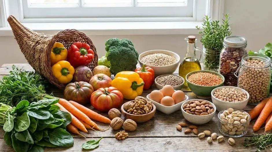 Mesa de madera con variedad de alimentos frescos, verduras coloridas, legumbres y frutos secos, representando la nutrición real