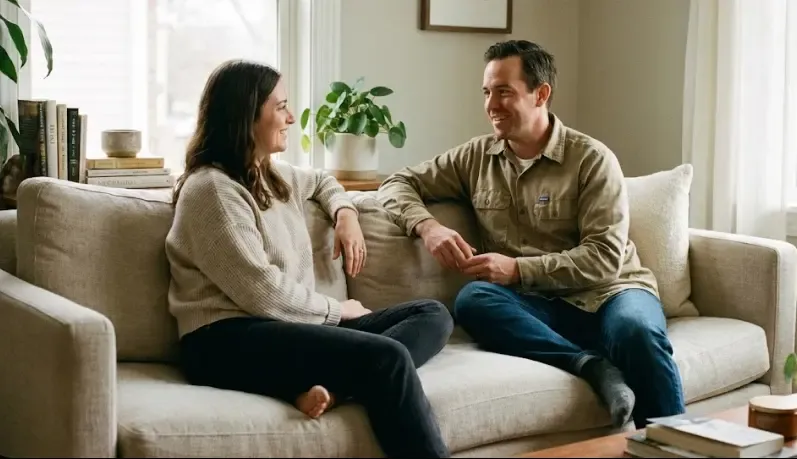 Dos personas conversando tranquilamente en un sofá, representando una comunicación asertiva y respetuosa