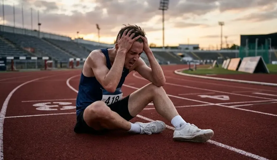 Deportista sentado en el suelo de una pista de atletismo, tocándose la cabeza con gesto de agotamiento extremo por falta de oxígeno