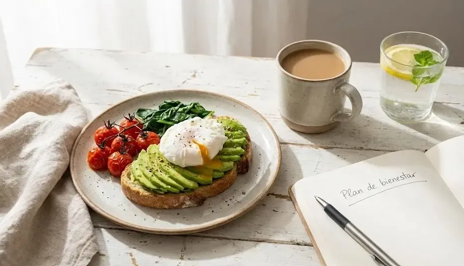 Desayuno equilibrado con café, agua y una libreta de notas sobre una mesa blanca